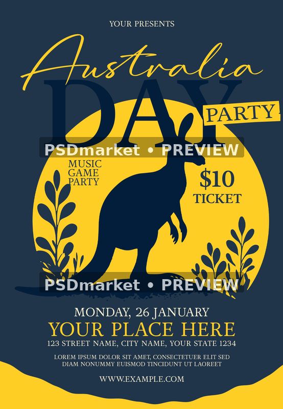 Navy and yellow Australia Day party flyer with kangaroo silhouette, circular background and leafy accents