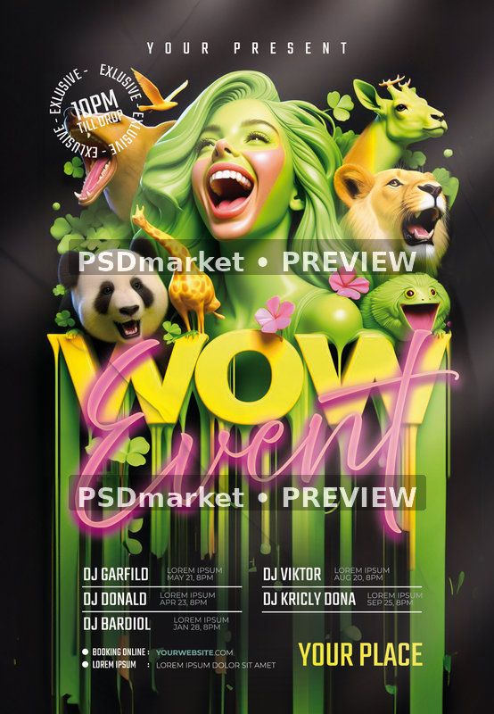 Neon Animal WOW Event Flyer PSD Template — PSD template preview