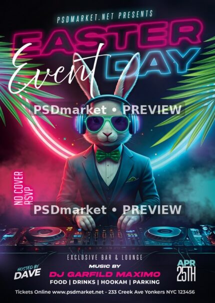 Neon Bunny DJ Easter Event Flyer PSD Template — PSD template preview