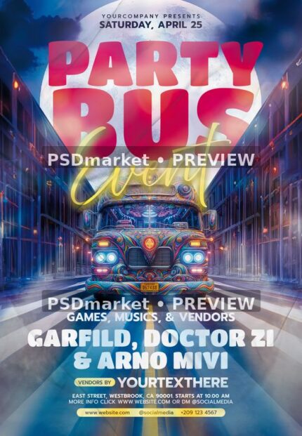 Nighttime party bus flyer with colorful decorated bus, blue city street, wet reflections and pink headline