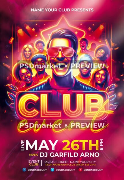 Magenta neon Club Event flyer with smiling illustrated party crowd, shutter glasses and glowing headline