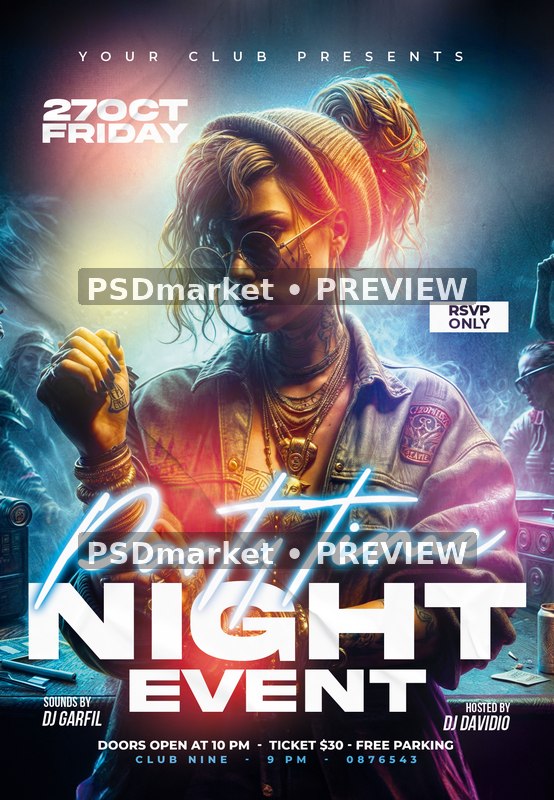 Neon Denim Party Time Night Flyer PSD Template — PSD template preview