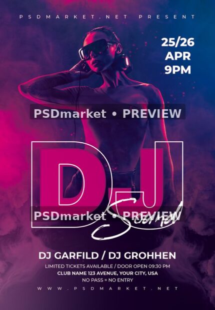 Neon DJ Sound Headphones Portrait Flyer PSD Template — PSD template preview