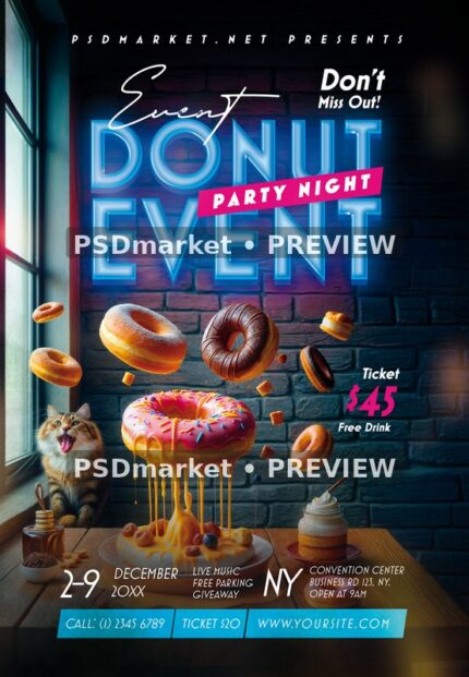 Neon Donut Event with Floating Pastries and Cat Flyer PSD Template — PSD template preview