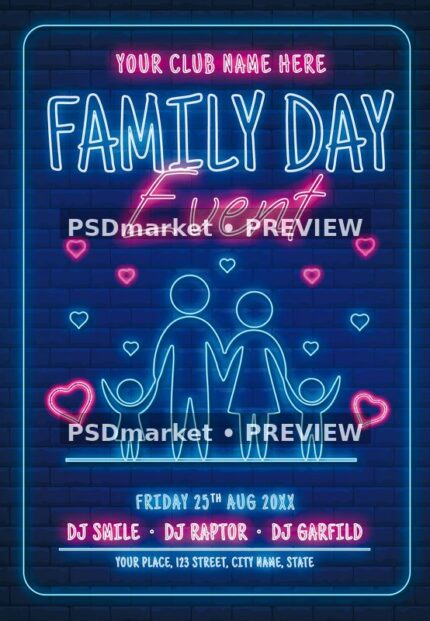 Blue neon Family Day flyer with cyan family outlines, pink hearts and two horizontal preview watermarks
