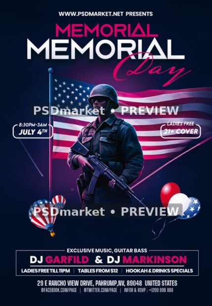 Neon Flag Soldier Memorial Day Party Flyer PSD Template — PSD template preview
