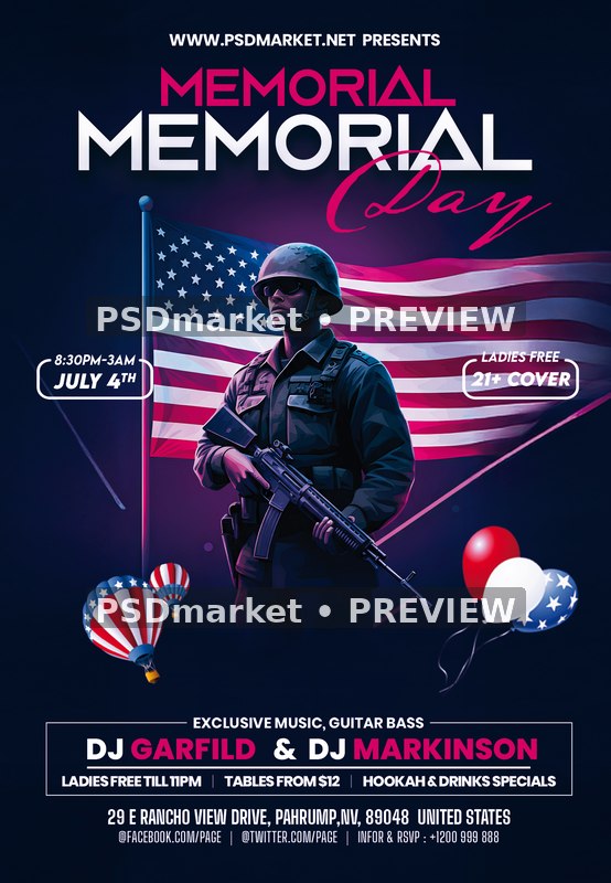 Neon Flag Soldier Memorial Day Party Flyer PSD Template — PSD template preview