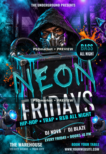 Neon Fridays Paint Splash Party Flyer PSD Template — PSD template preview
