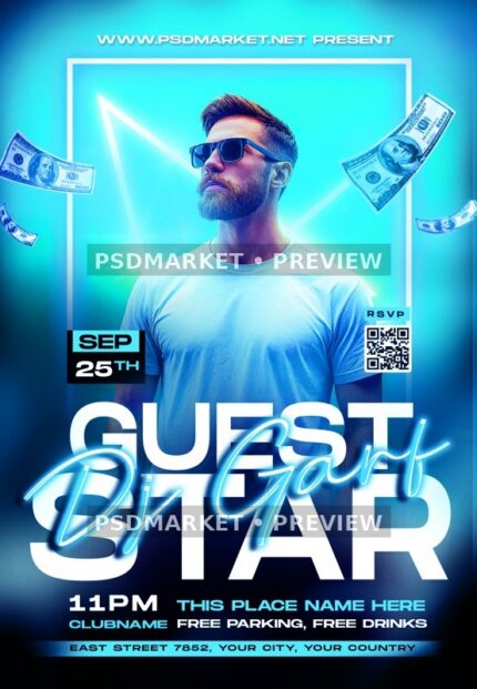 Neon Guest Star DJ Flyer PSD Template — PSD template preview