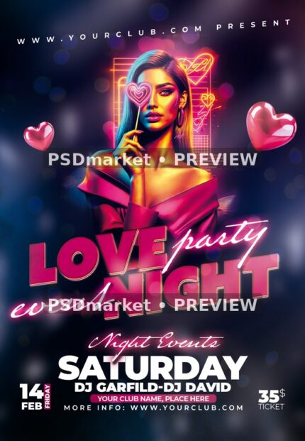 Neon Heart Portrait Love Night Flyer PSD Template — PSD template preview