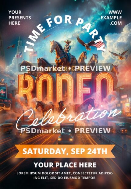 Neon Highway American Rodeo Celebration Flyer PSD Template — PSD template preview