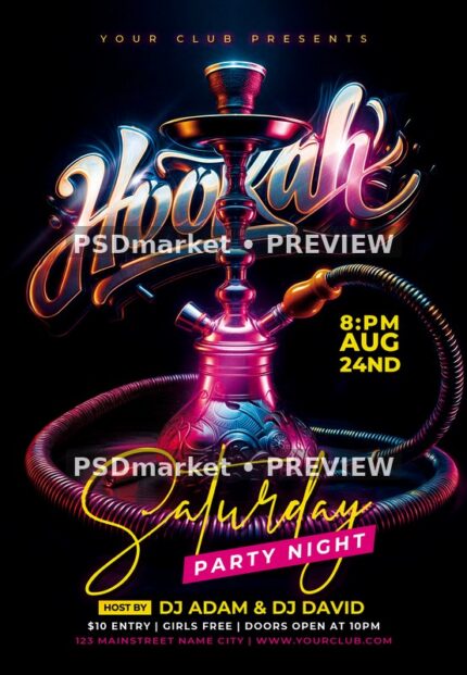 Neon Hookah Saturday Party Flyer — reduced watermarked source artwork preview