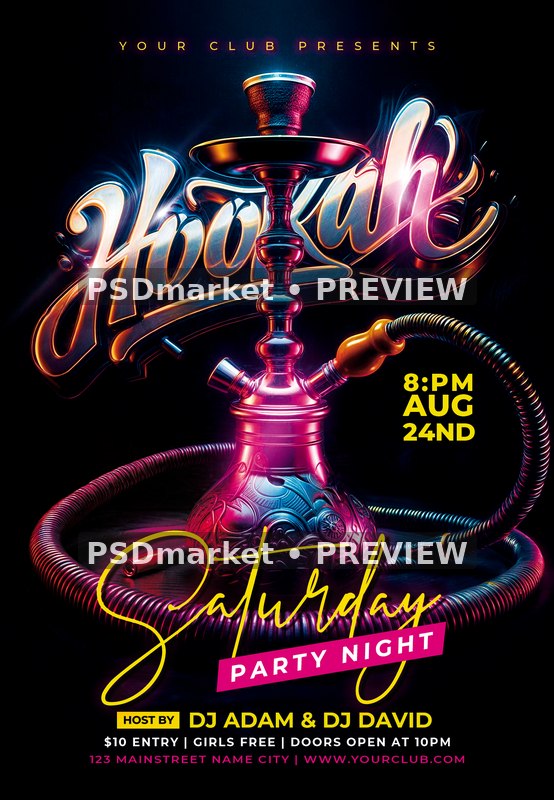 Neon Hookah Saturday Party Flyer PSD Template — PSD template preview