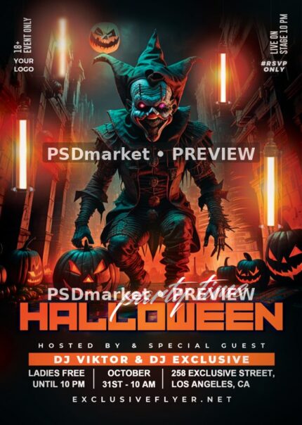 Neon Jester Halloween Party Time Flyer PSD Template — reduced watermarked source artwork preview