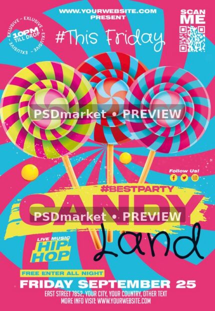 Neon Lollipop Candy Land Party Flyer PSD Template — PSD template preview