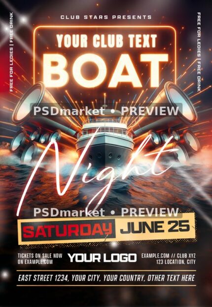 Neon Megaphone Boat Night Flyer PSD Template — PSD template preview