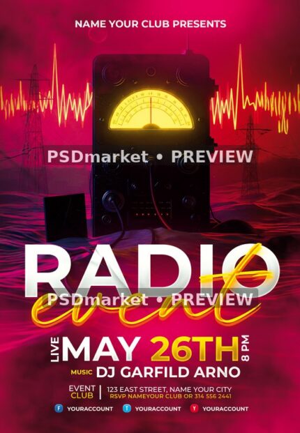 Neon Meter Radio Event Flyer PSD Template — PSD template preview