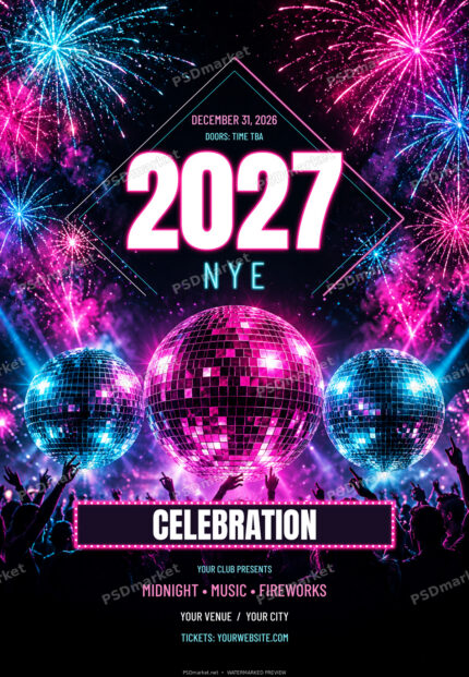Neon Midnight 2027 New Year flyer with pink and cyan fireworks, three disco balls and editable celebration text.