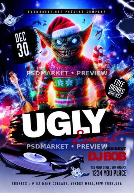 Neon Monster Ugly Sweater Party Flyer PSD Template — PSD template preview
