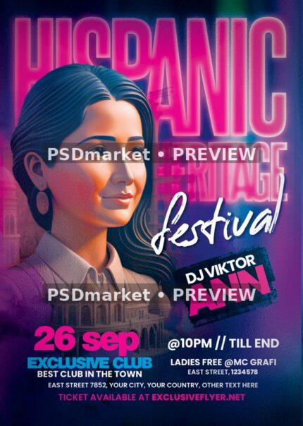 Neon Portrait Hispanic Heritage Festival Flyer PSD Template — reduced watermarked source artwork preview