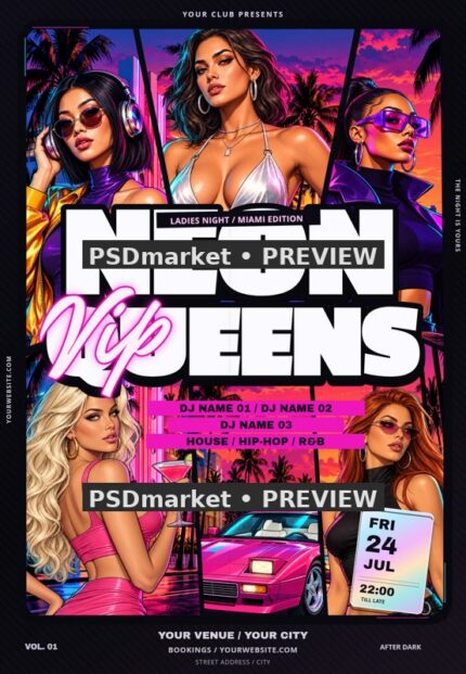 Neon Queens VIP Ladies Night flyer with illustrated fashion characters, a pink sports car and neon collage panels; reduced watermarked PSD preview