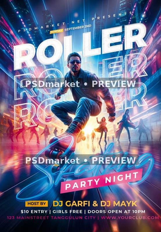 Neon Roller Skating Jump Party Flyer — reduced watermarked source artwork preview
