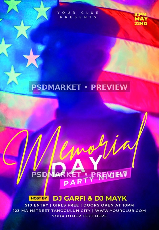 Neon Silhouette Memorial Day Flyer PSD Template — PSD template preview