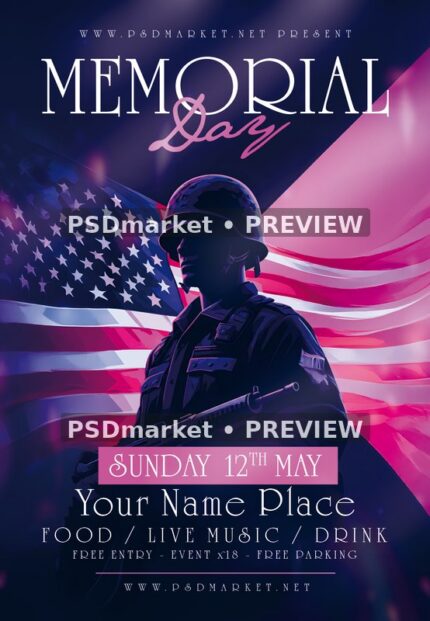 Neon Soldier Memorial Day Flyer PSD Template — PSD template preview
