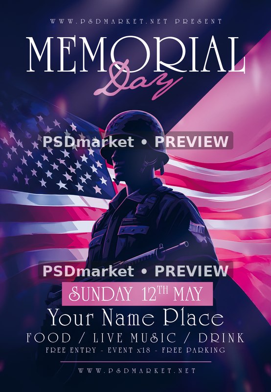 Neon Soldier Memorial Day Flyer PSD Template — PSD template preview