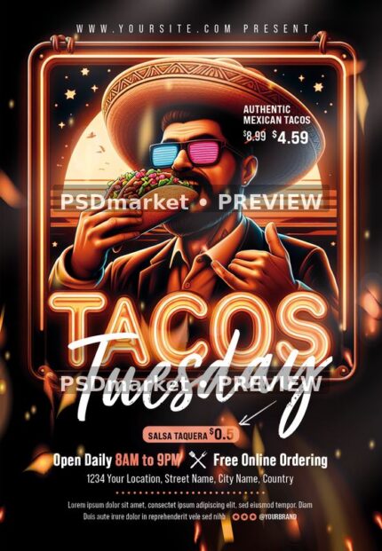 Neon Sombrero Tacos Tuesday Flyer PSD Template — PSD template preview