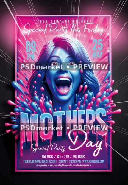 Neon Splash Portrait Mother's Day Party Flyer — reduced watermarked source artwork preview