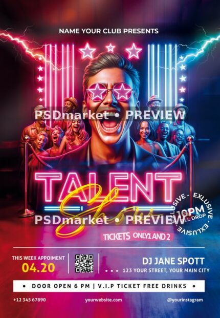 Neon Star Glasses Talent Show Flyer PSD Template — PSD template preview