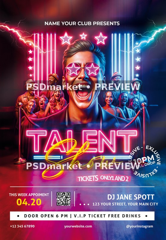Neon Star Glasses Talent Show Flyer PSD Template — PSD template preview