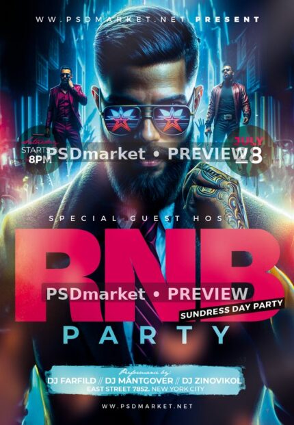 Neon Star Sunglasses RNB Party Flyer — reduced watermarked source artwork preview