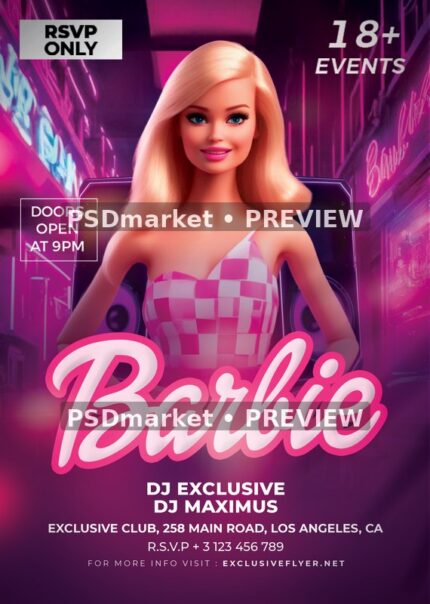 Neon Street Barbie Party Flyer — reduced watermarked source artwork preview