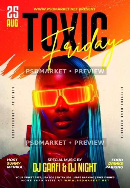 Neon Toxic Friday Party Flyer PSD Template — PSD template preview