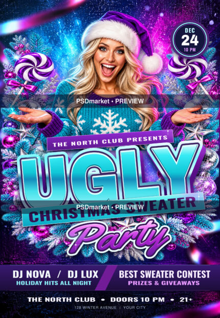 Neon Ugly Sweater Christmas Party Flyer PSD Template — PSD template preview