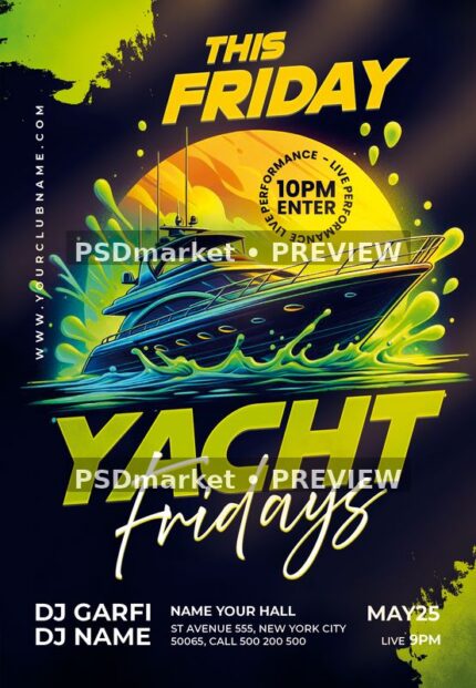 Neon Yacht Friday Party Flyer PSD Template — PSD template preview