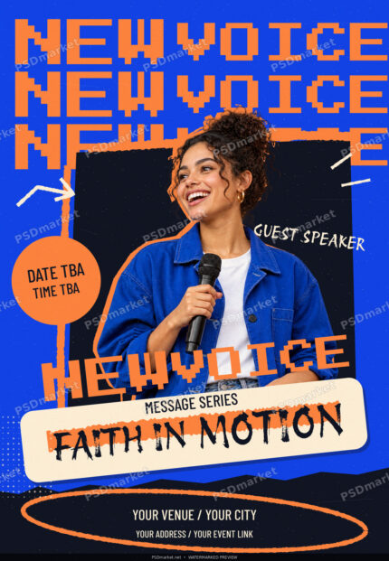 New Voice youth church flyer in cobalt, orange and cream with fictional woman speaker