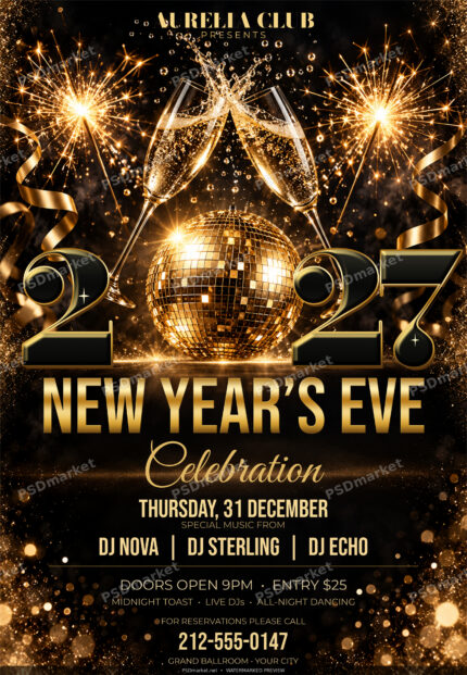 New Year 2027 Aurelia Celebration flyer with editable English event text – PSDmarket watermarked preview