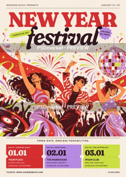 New Year Festival flyer with dancing figures, disco ball, fireworks, three colorful event panels and exactly two horizontal PSDmarket preview watermark bands.