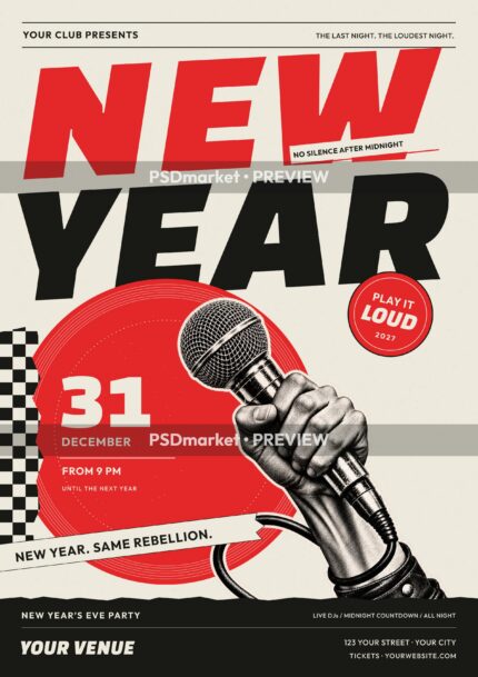 New Year Rebel party flyer in red, black and cream with oversized lettering, a microphone illustration and exactly two horizontal PSDmarket preview watermark bands.