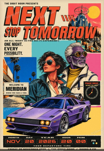 NEXT STOP TOMORROW Retro Sci-Fi Flyer PSD Template — PSD template preview