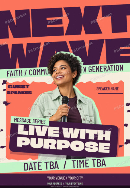 Next Wave coral plum and mint youth church speaker flyer with protected preview watermark