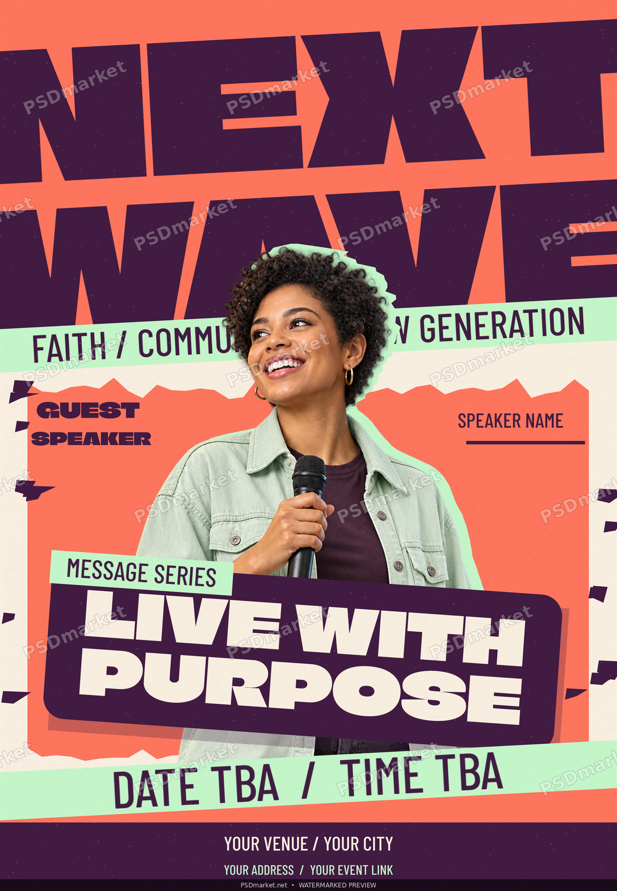 Next Wave coral plum and mint youth church speaker flyer with protected preview watermark