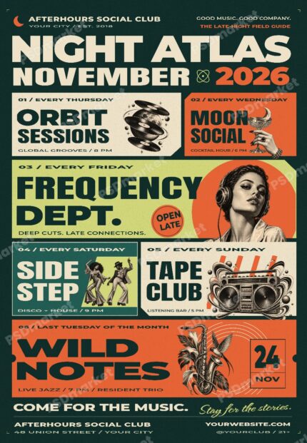 Night Atlas November editable flyer PSD template with protected storefront preview