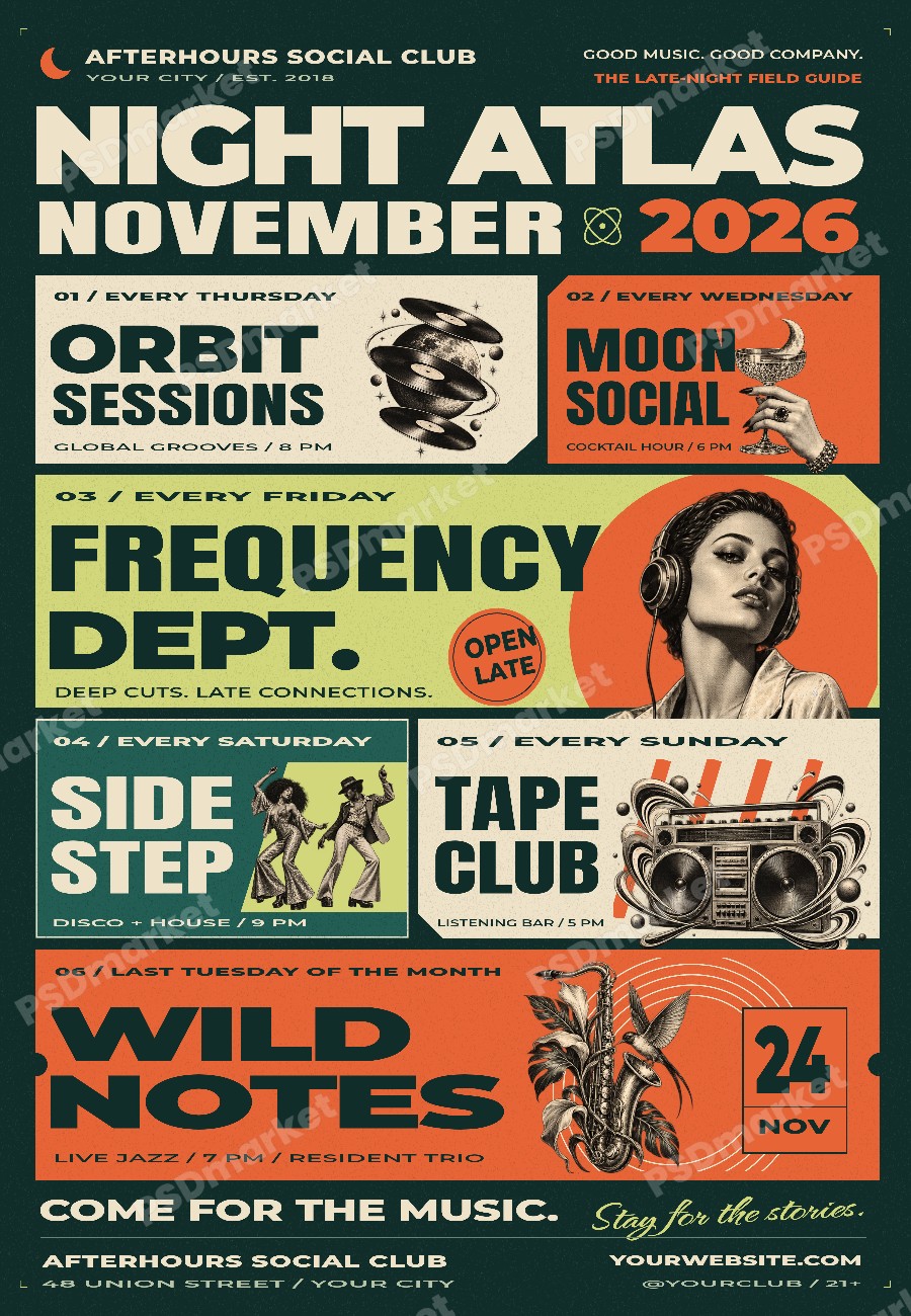 Night Atlas November Club Program Flyer PSD Template — PSD template preview