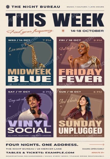 Night Bureau weekly live music flyer with four photo panels and editable event schedule