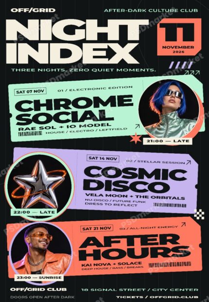 Night Index editable party flyer PSD template, protected preview