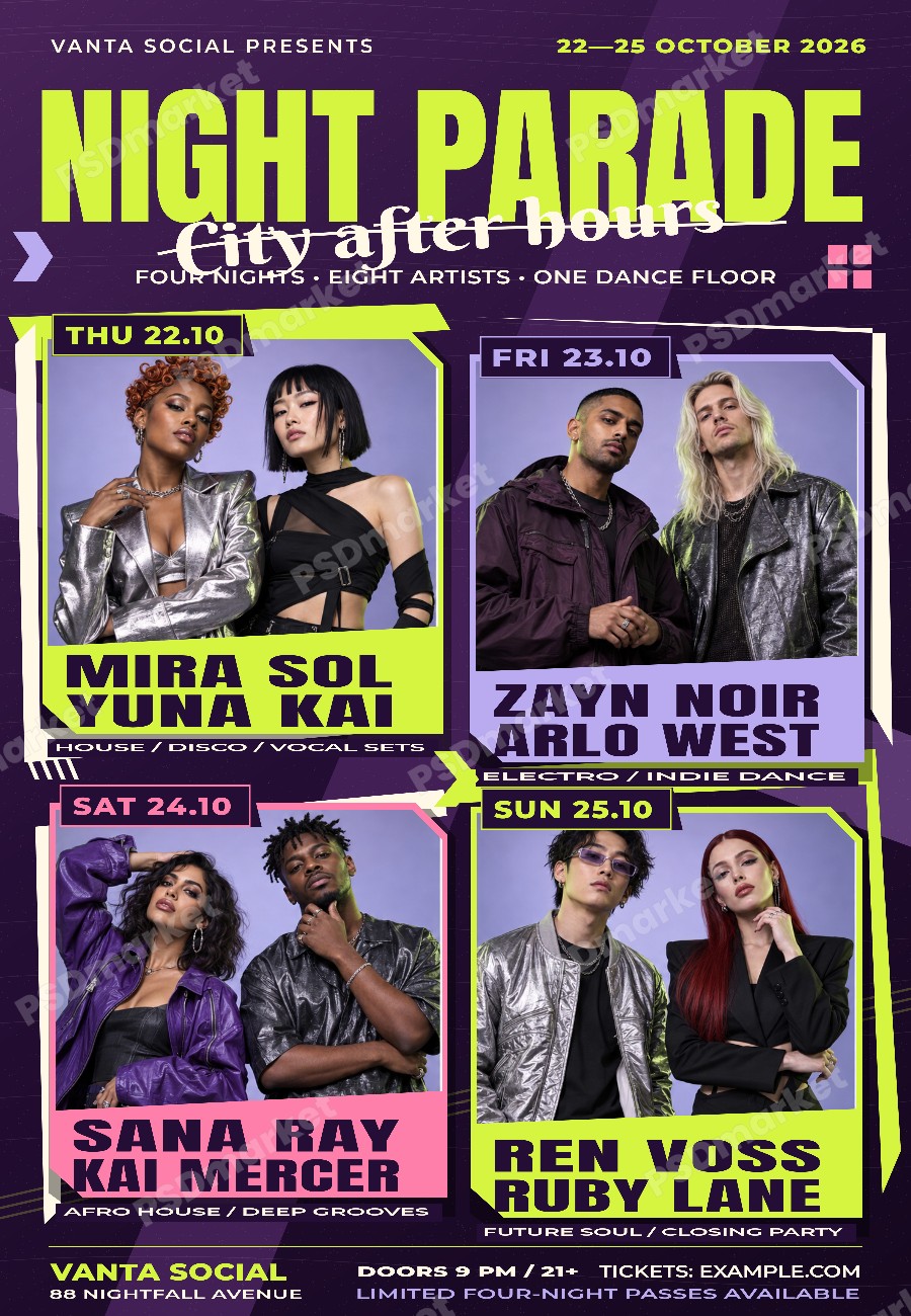 Night Parade Four Night Club Festival Flyer PSD Template — PSD template preview